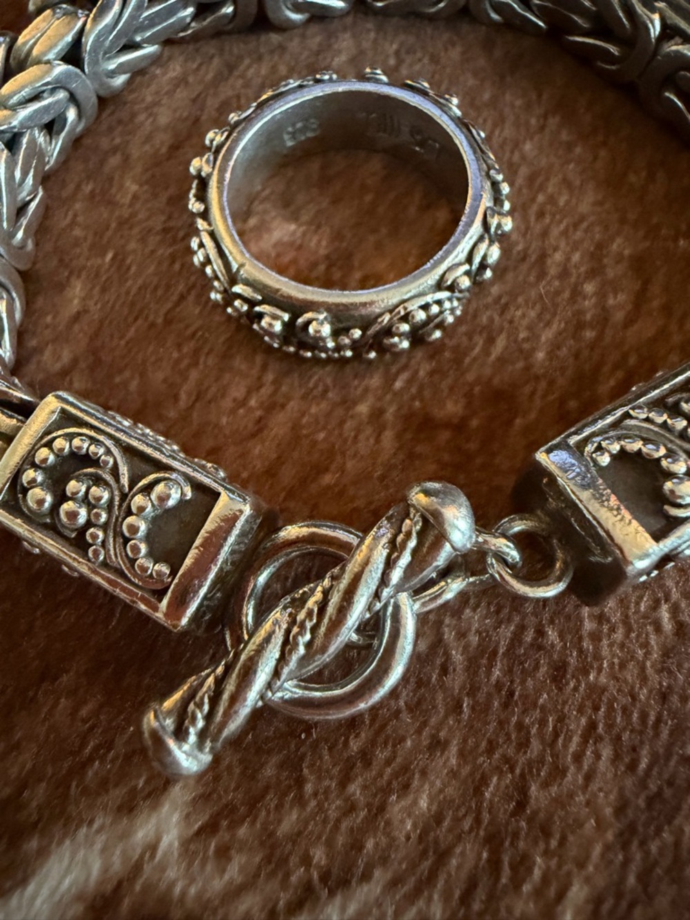 Intricate Sterling Silver Beaded Bracelet and Matching Ring With Floral Motif. - Picture 2 of 5